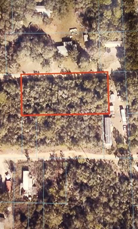 An aerial view shows a rectangular plot of land outlined in red amidst wooded surroundings — 20445 SE 156TH ST STREET, UMATILLA, FL