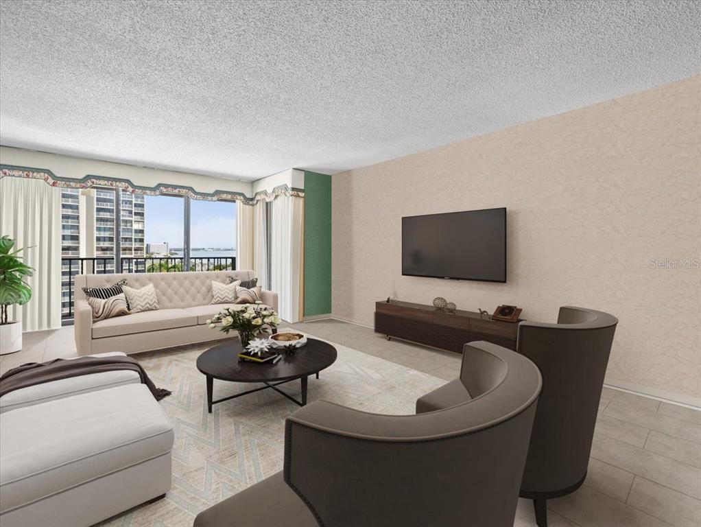 This is a digital rendering of a living room featuring a sofa, chairs, and television — 1400 GULF BOULEVARD UNIT 806, CLEARWATER, FL