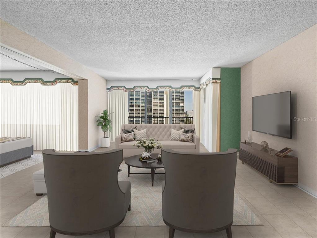 This is a digital rendering of a living room featuring a sofa, two chairs, and television — 1400 GULF BOULEVARD UNIT 806, CLEARWATER, FL