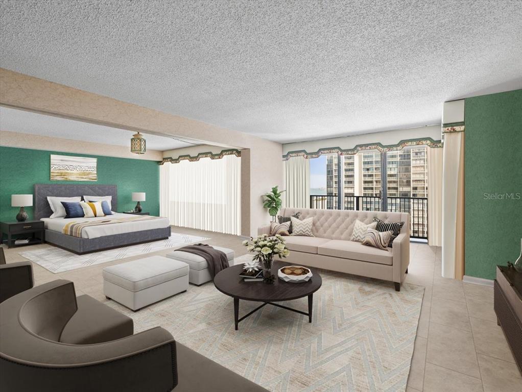 This is a digital rendering of a combined bedroom and living area with green walls — 1400 GULF BOULEVARD UNIT 806, CLEARWATER, FL