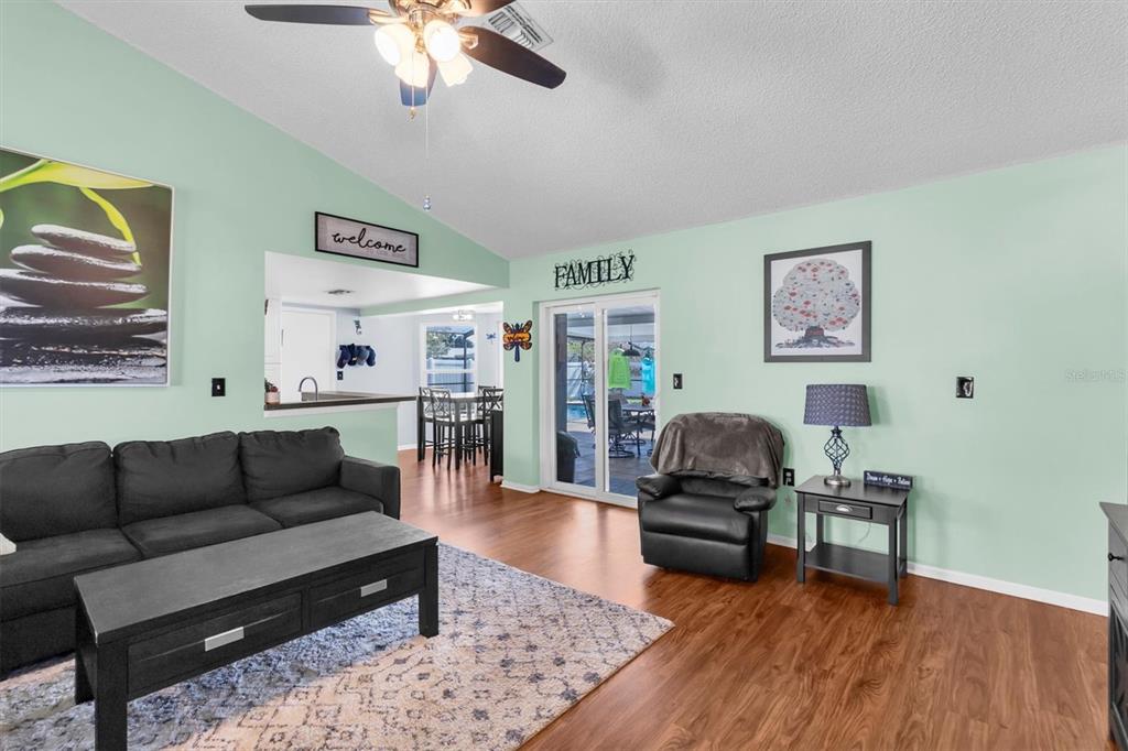 A living room with light green walls, wood-look flooring, a dark sofa, and sliding glass doors — 10513 BLYTHVILLE ROAD, SPRING HILL, FL