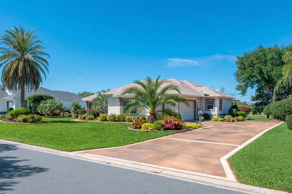A single-story house with a palm tree, landscaped garden, and a paved driveway under blue skies — 1670 SAINT JAMES CIRCLE, THE VILLAGES, FL