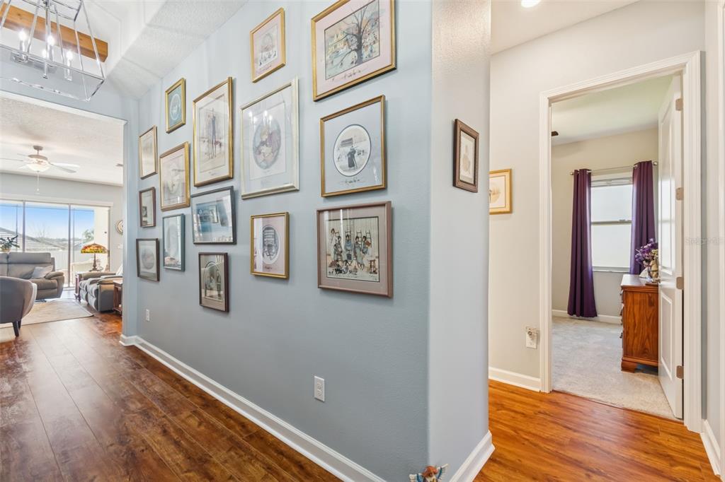 A hallway with light blue walls features a gallery wall of framed artwork and wood flooring — 31516 CABANA RYE, SAN ANTONIO, FL
