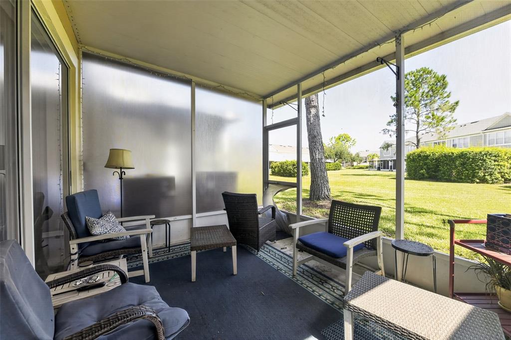 A screened-in patio features outdoor furniture, a dark rug, and a view of a grassy lawn — 2823 CONCH HOLLOW DRIVE, BRANDON, FL