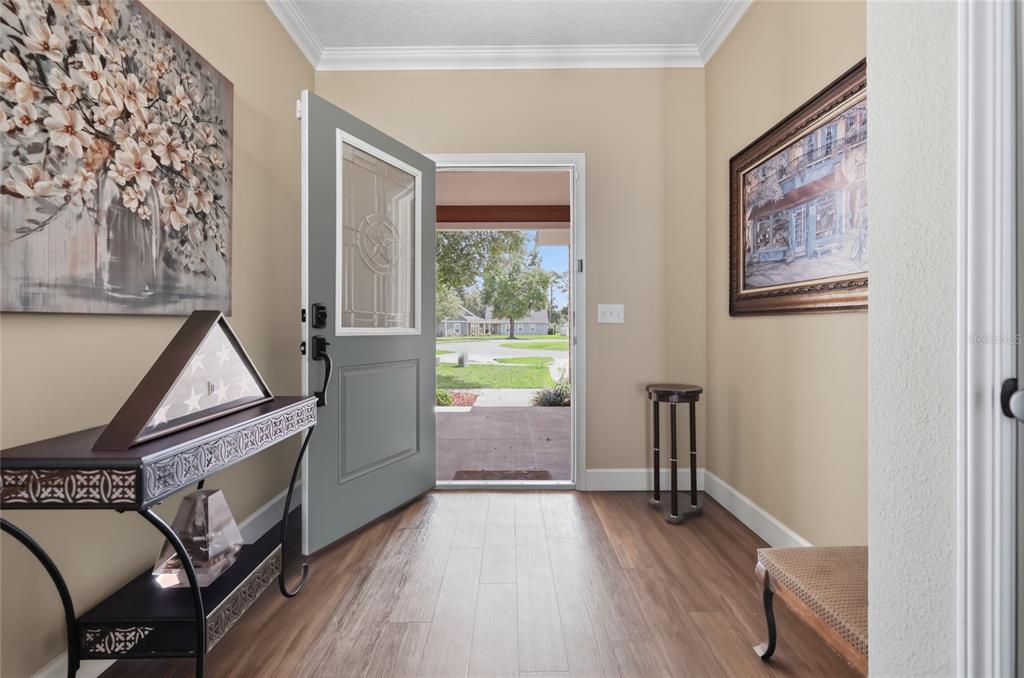 An entryway with wood-look flooring, a gray front door, and wall art — 20104 NW 248TH STREET, HIGH SPRINGS, FL