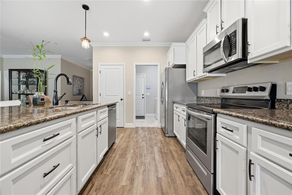A kitchen features white cabinets, granite countertops, stainless steel appliances, and wood-look flooring — 20104 NW 248TH STREET, HIGH SPRINGS, FL