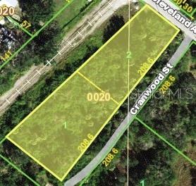 This is an aerial map showing two adjacent rectangular land parcels along a road — 27520 MITCHELL AVENUE, PUNTA GORDA, FL