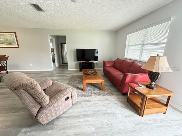 A living room features a red sofa, a recliner, a wooden coffee table, and light flooring — 335 SAN MARINO DRIVE, LADY LAKE, FL