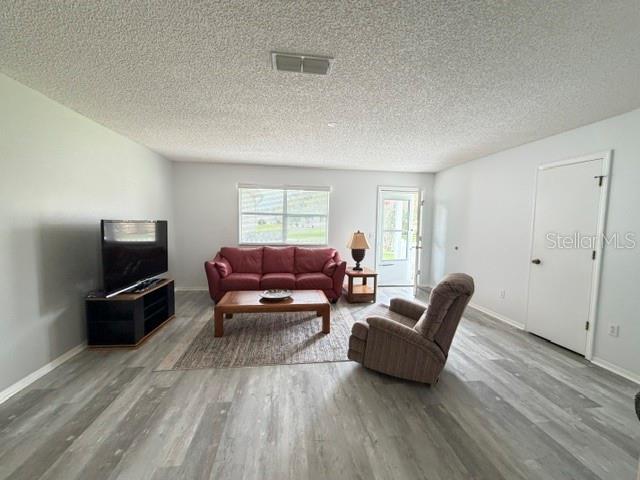 A living room features a red sofa, a recliner, a television, and light wood-look flooring — 335 SAN MARINO DRIVE, LADY LAKE, FL