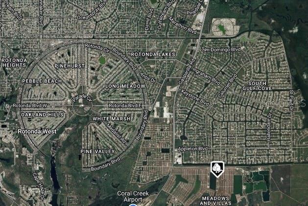 This is an aerial map view of the Rotonda West and South Gulf Cove communities — 91 WREN DRIVE, PLACIDA, FL