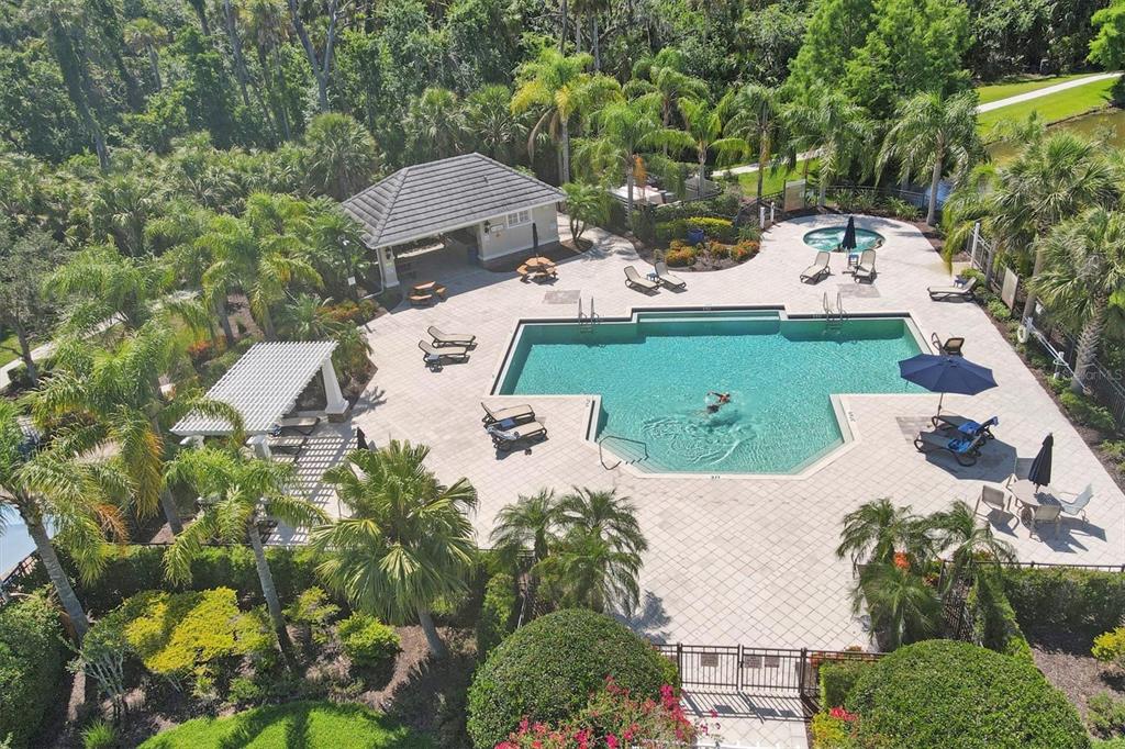 An aerial view of a swimming pool area with a covered pavilion and lounge chairs — 4811 WOODBROOK DRIVE, SARASOTA, FL
