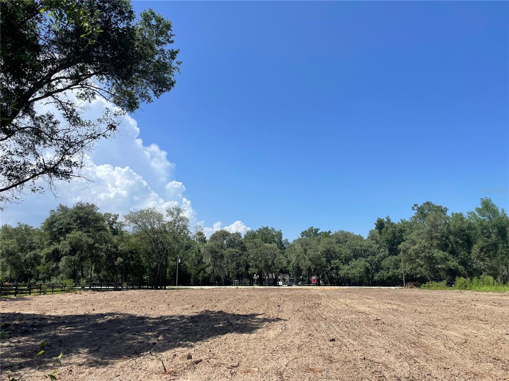 A cleared, flat, dirt lot is surrounded by mature trees under a clear blue sky — 12276 SW 98TH STREET, DUNNELLON, FL