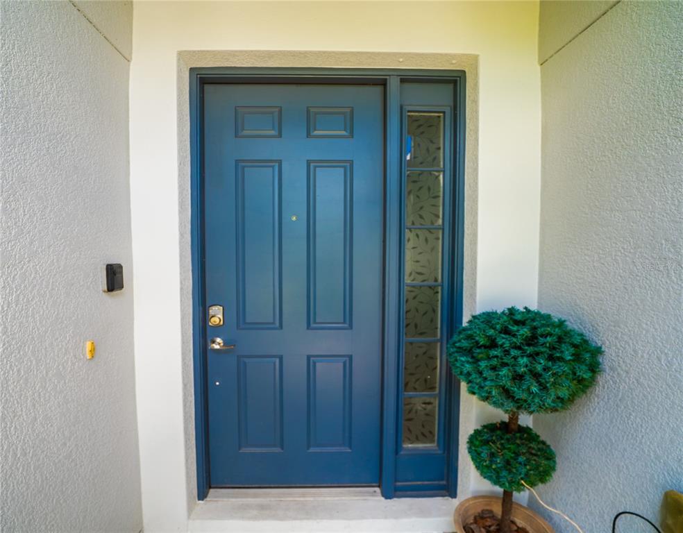 A blue front door with a side window and a small topiary sits in an entryway — 5109 99TH AVENUE E, PARRISH, FL