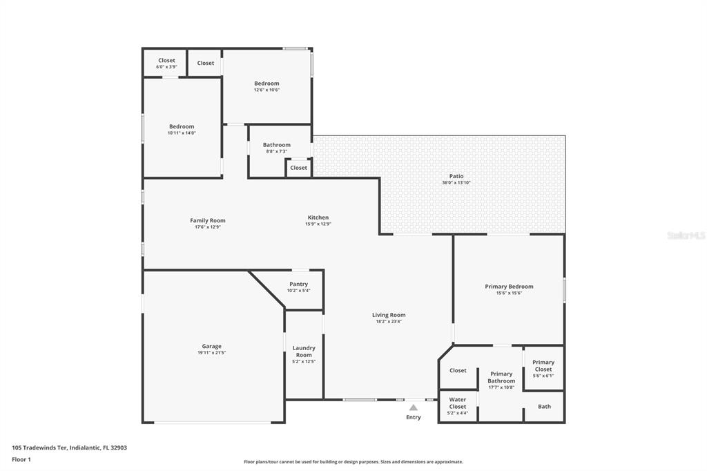 This is a floor plan for a single-story house with a garage, patio, and bedrooms — 105 TRADEWINDS TER, INDIALANTIC, FL