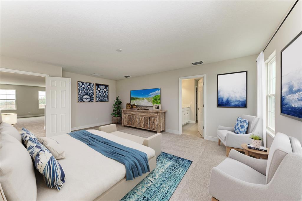 A bedroom features a bed, two armchairs, a television on a wooden console, and carpeting — 10186 SURREY ROSE DRIVE, SAN ANTONIO, FL
