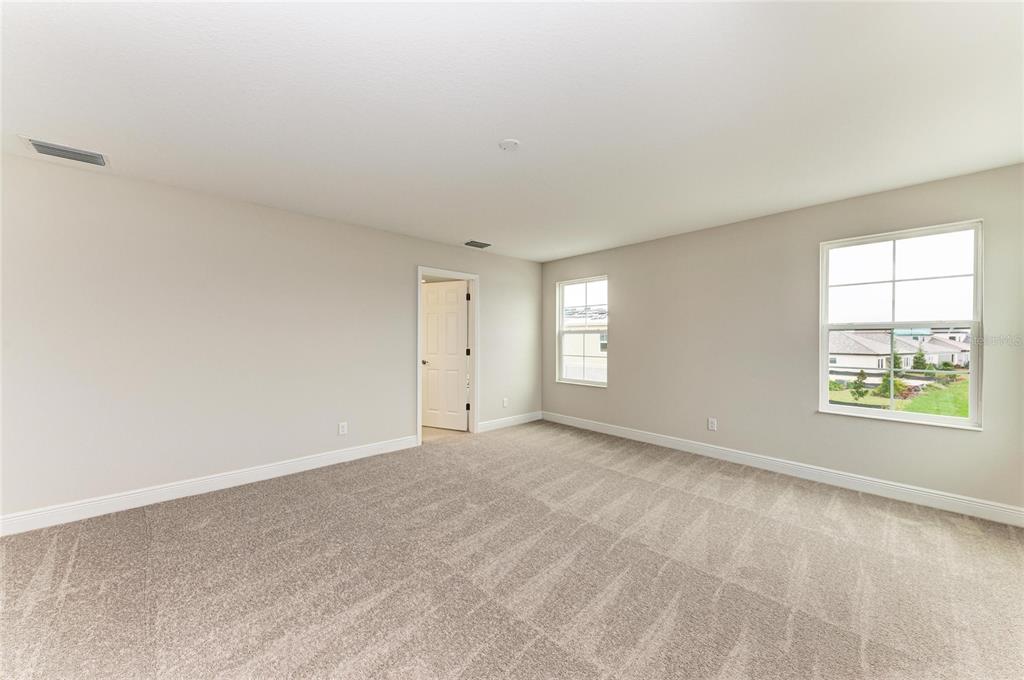An empty bedroom features beige walls, neutral carpeting, two windows, and a white interior door — 10186 SURREY ROSE DRIVE, SAN ANTONIO, FL