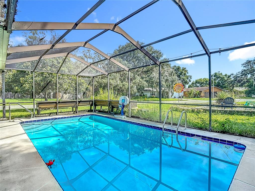 A rectangular swimming pool is enclosed by a screened lanai with a metal frame — 12529 SHADOW RIDGE BOULEVARD, HUDSON, FL