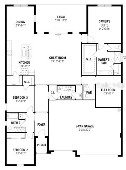 This is a floor plan for a single-story house with three bedrooms and a three-car garage — 2600 GINSENG IVY STREET, APOPKA, FL
