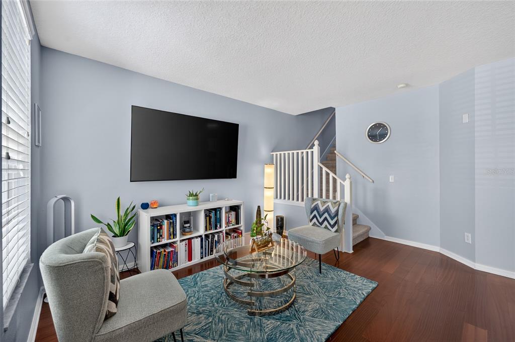 A living room features a wall-mounted television, a white bookshelf, two armchairs, and wood flooring — 30211 SWINFORD LANE, WESLEY CHAPEL, FL