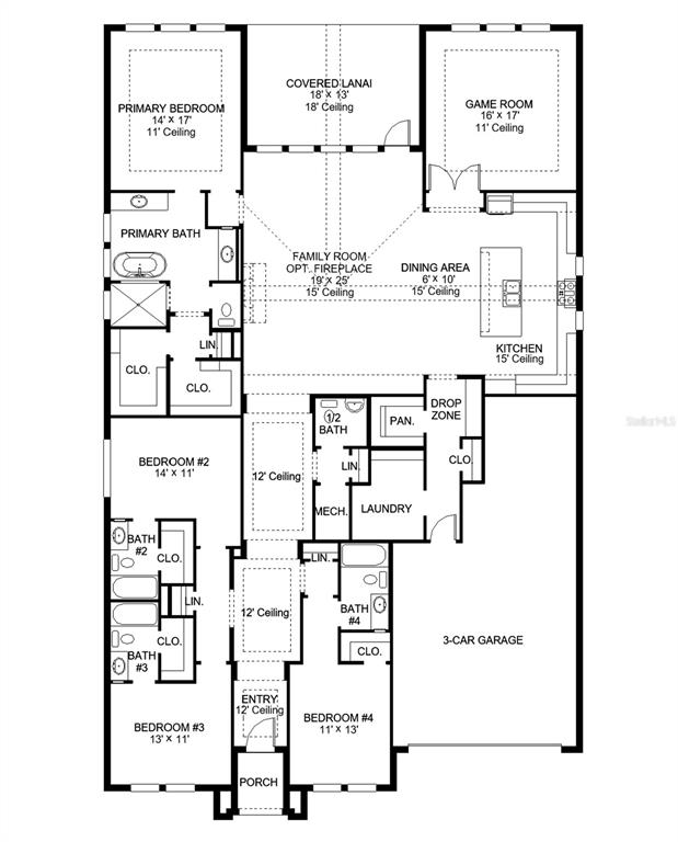 This is a floor plan for a single-story house featuring four bedrooms and a garage — 5589 VIBRANT VINE DRIVE, WIMAUMA, FL