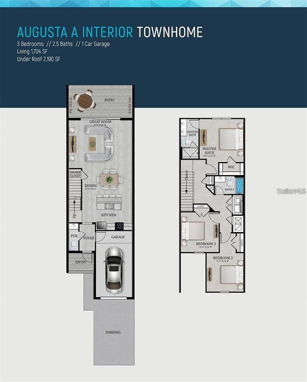 This is a floor plan for an Augusta A interior townhome with three bedrooms — 7789 SPECTRUM DRIVE, REUNION, FL