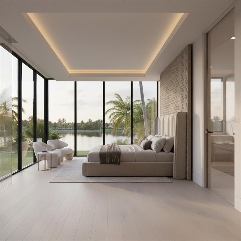 This rendering shows a modern bedroom with floor-to-ceiling windows overlooking a lake and palm trees — 3802 MARIGOLD BELLE CIRCLE, CLERMONT, FL