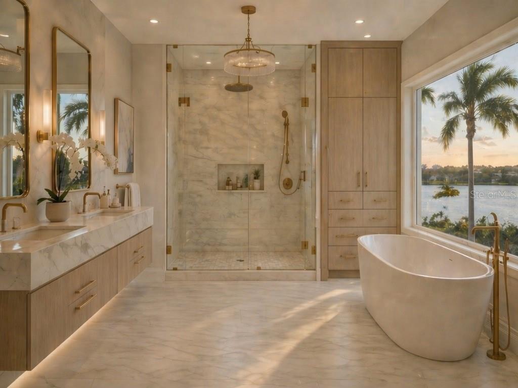 A modern bathroom features a glass-enclosed shower, a freestanding tub, and a view of palms — 3802 MARIGOLD BELLE CIRCLE, CLERMONT, FL