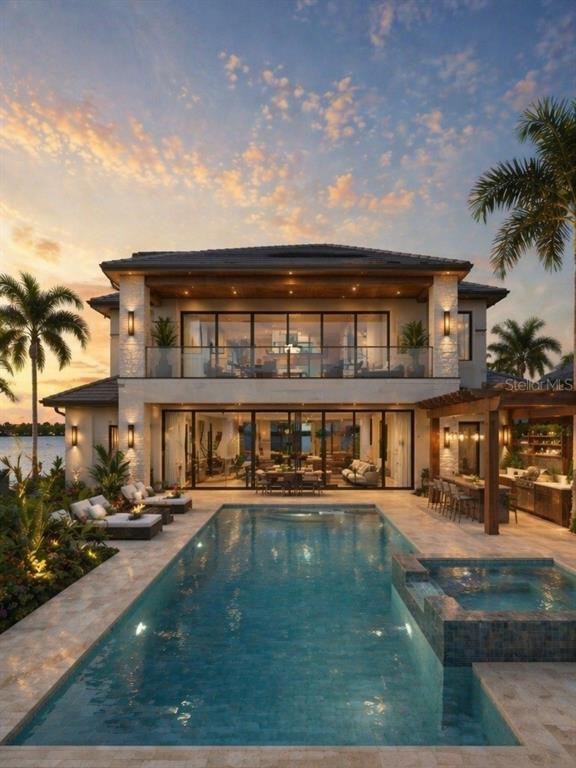 This is a rendering of a two-story waterfront home featuring a pool and outdoor kitchen — 3802 MARIGOLD BELLE CIRCLE, CLERMONT, FL