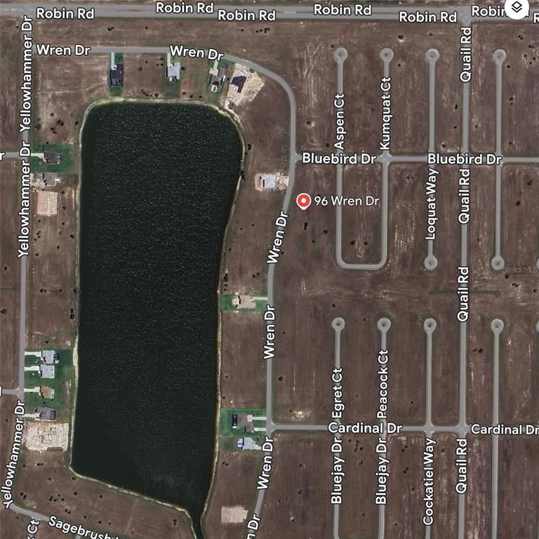 This is a satellite map view of a residential neighborhood featuring a large central lake — 96 WREN DRIVE, PLACIDA, FL