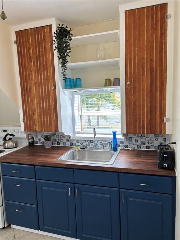 A kitchen sink area features blue lower cabinets, wood-paneled upper cabinets, and a patterned backsplash — 810 22ND AVENUE N UNIT 2, ST PETERSBURG, FL