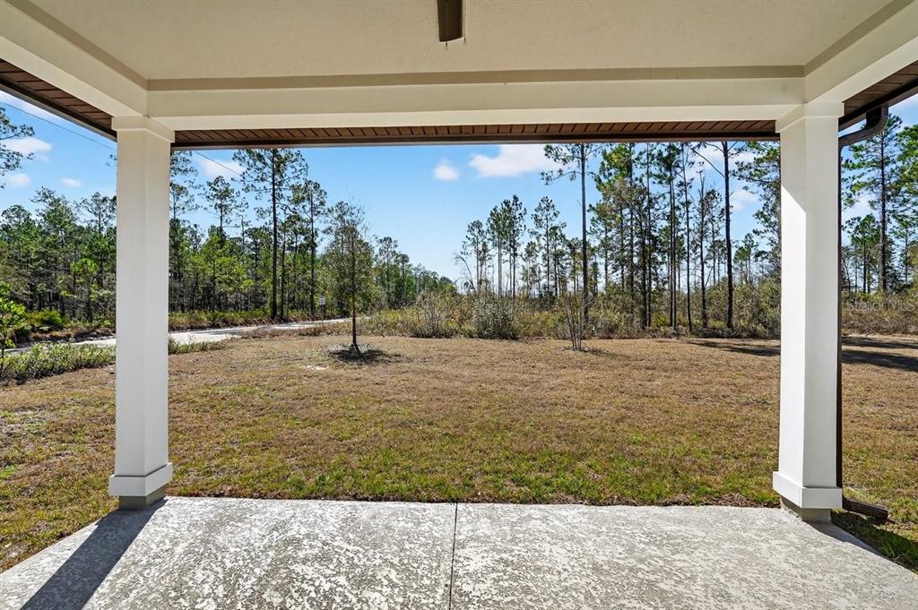 A covered concrete patio overlooks a grassy yard and a wooded area — 8719 FORD ROAD, BRYCEVILLE, FL