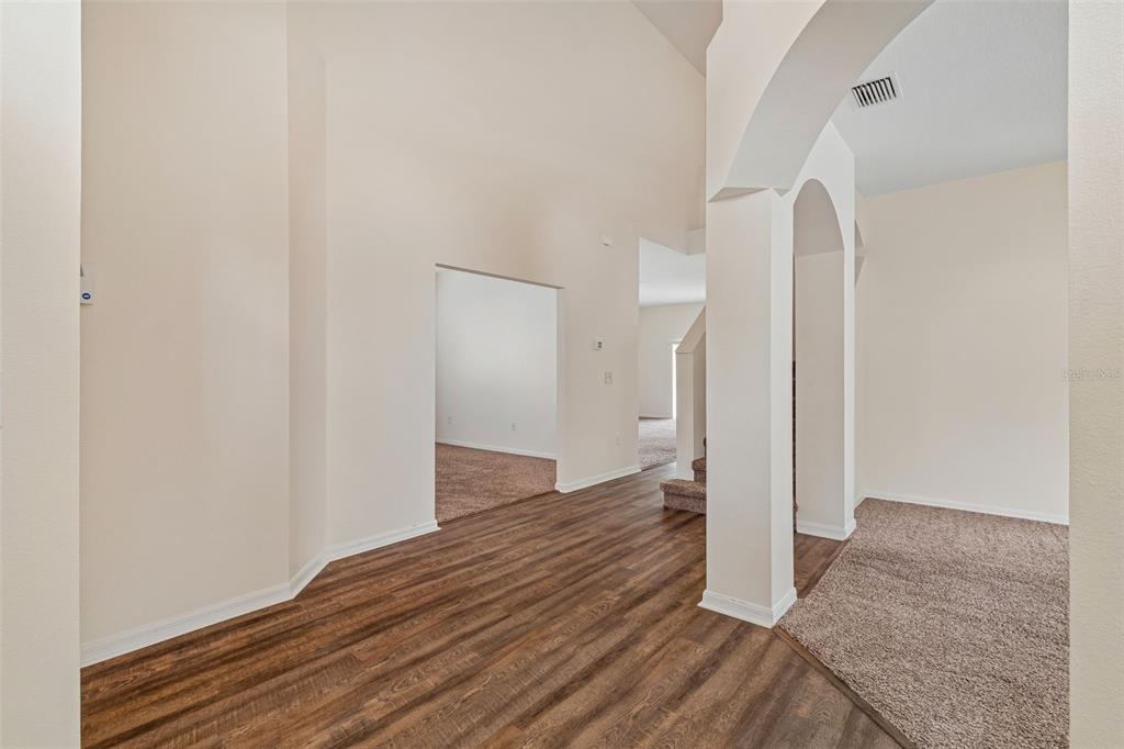 An interior view shows a foyer with wood-look flooring, carpeted areas, and an arched entryway — 3307 PINE TOP DRIVE, VALRICO, FL