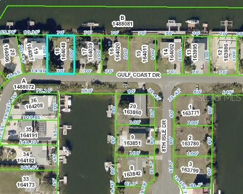 This is an aerial map showing property lot lines and parcel numbers for a waterfront neighborhood — 3265 GULF COAST DRIVE, HERNANDO BEACH, FL
