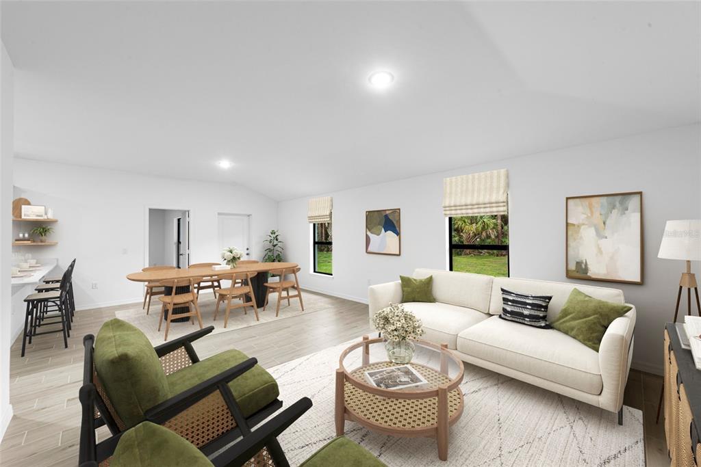 This is a digital rendering of an open-concept living and dining room with light flooring — 6572 N EARLSHIRE TERRACE, CITRUS SPRINGS, FL