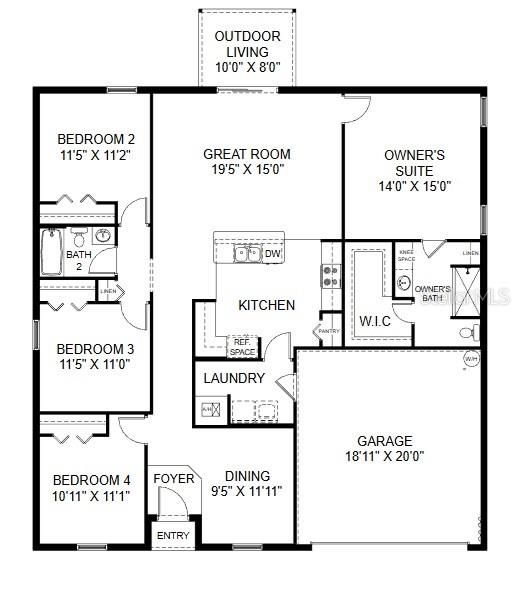 This is a floor plan for a four-bedroom, two-bathroom house with an attached garage — 541 LAKEVIEW COURT, POINCIANA, FL