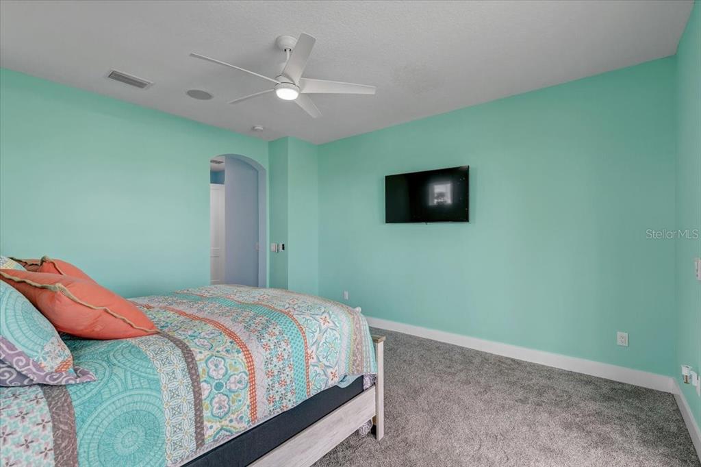 A bedroom with mint green walls, gray carpet, a ceiling fan, and a wall-mounted television — 4389 5TH ISLE DRIVE, HERNANDO BEACH, FL