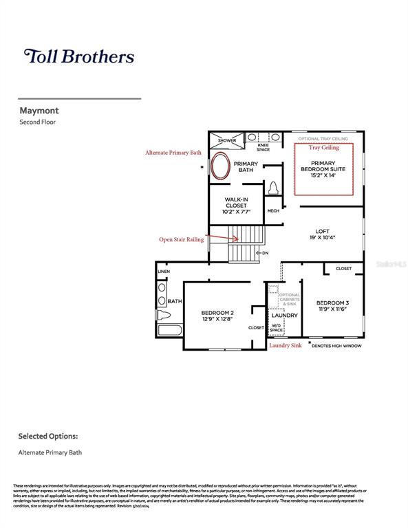 This is a floor plan for the second level of a Toll Brothers Maymont home — 1766 PINECLIFF LANE, APOPKA, FL