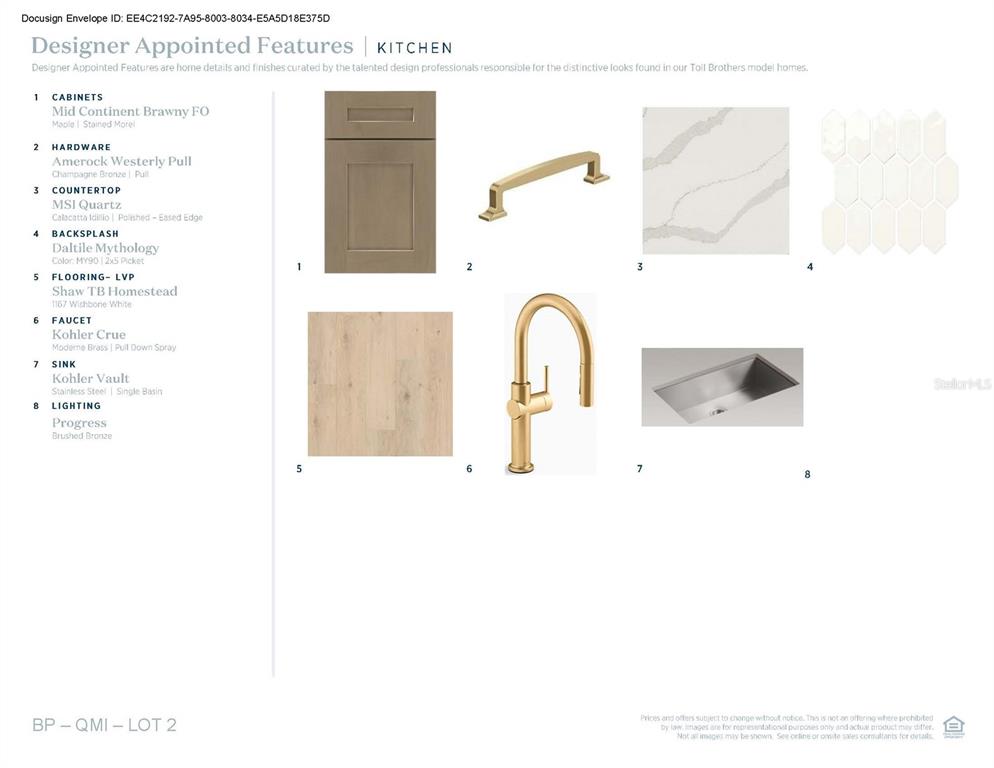 This document displays a kitchen design board featuring cabinetry, hardware, countertops, backsplash, flooring, and fixtures — 1766 PINECLIFF LANE, APOPKA, FL