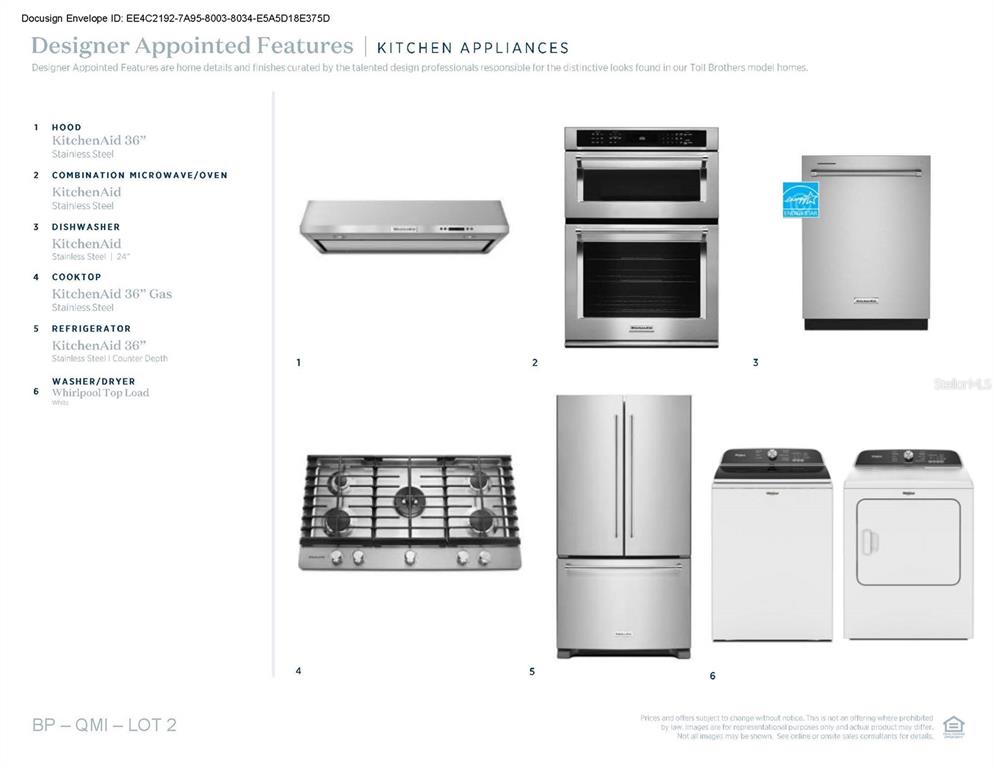 This document displays a list and images of KitchenAid and Whirlpool kitchen and laundry appliances — 1766 PINECLIFF LANE, APOPKA, FL