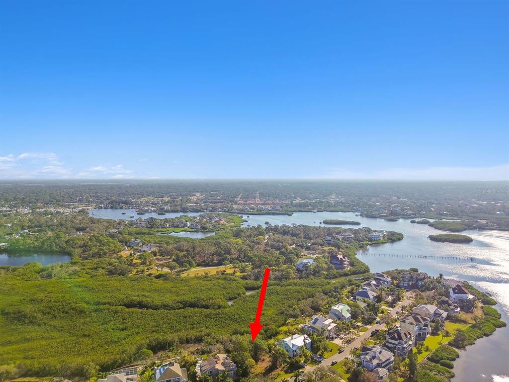 An aerial view shows a vacant, wooded lot marked by a red arrow near water — POINT SEASIDE DRIVE, CRYSTAL BEACH, FL