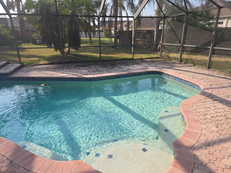 A swimming pool with a screened-in enclosure and brick paver decking in a backyard — 6717 GUILFORD CREST DRIVE, APOLLO BEACH, FL