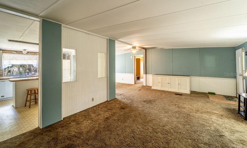 A living room with brown carpet, blue walls, and a white partition wall with windows — 24031 ARMADILLO ROAD, ASTOR, FL