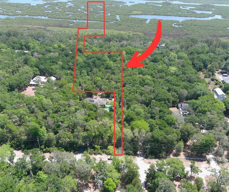 An aerial view shows a wooded residential lot outlined in red near a coastal marsh — 5751 JOHN ANDERSON HIGHWAY, FLAGLER BEACH, FL