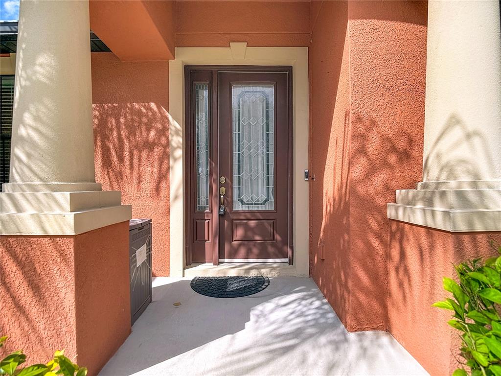 A brown front door with a glass insert is set between two large beige columns — 422 CHALLICE DRIVE, SPRING HILL, FL