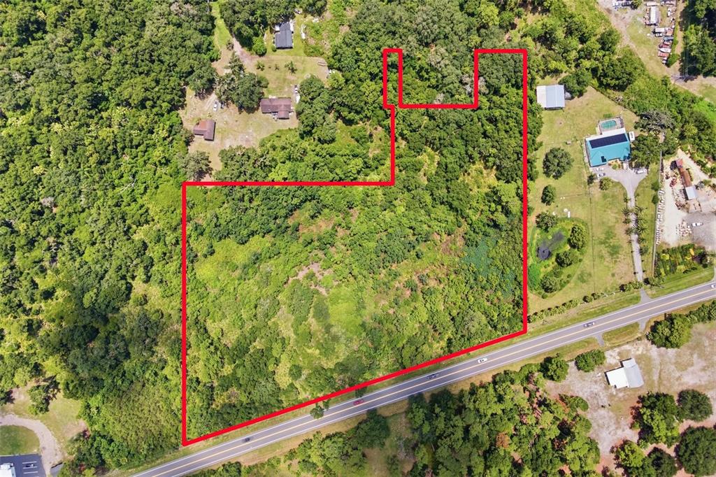 An aerial view shows a wooded plot of land outlined in red next to a road — COUNTY ROAD 48, YALAHA, FL