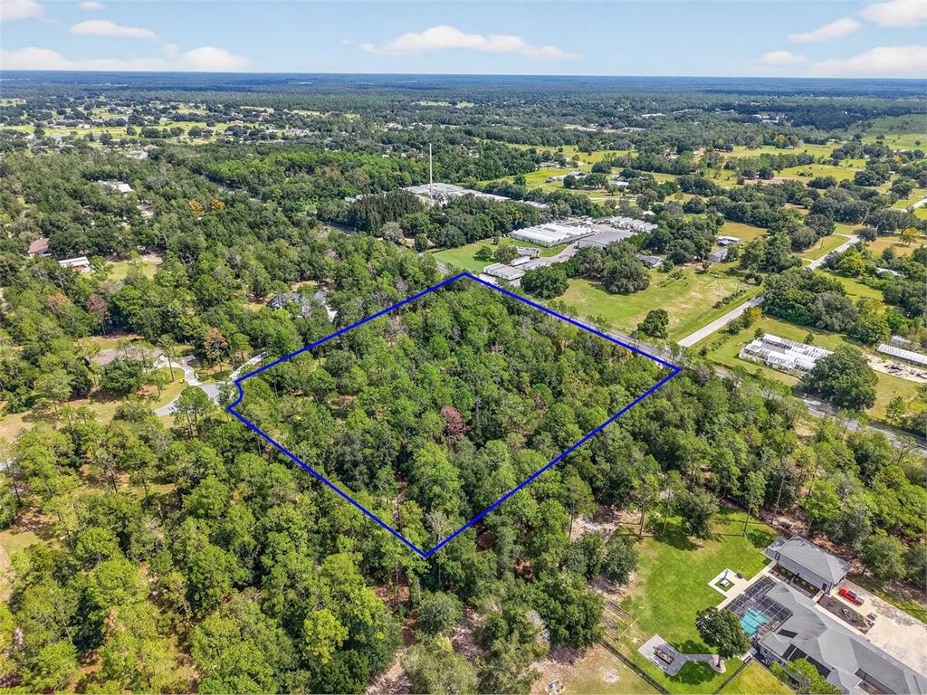 An aerial view shows a wooded plot of land outlined in blue — 35734 HIGH PINES DRIVE, EUSTIS, FL