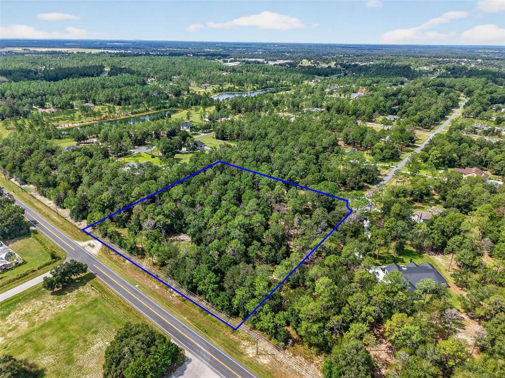 An aerial view shows a rectangular, wooded plot of land outlined in blue beside a road — 35734 HIGH PINES DRIVE, EUSTIS, FL