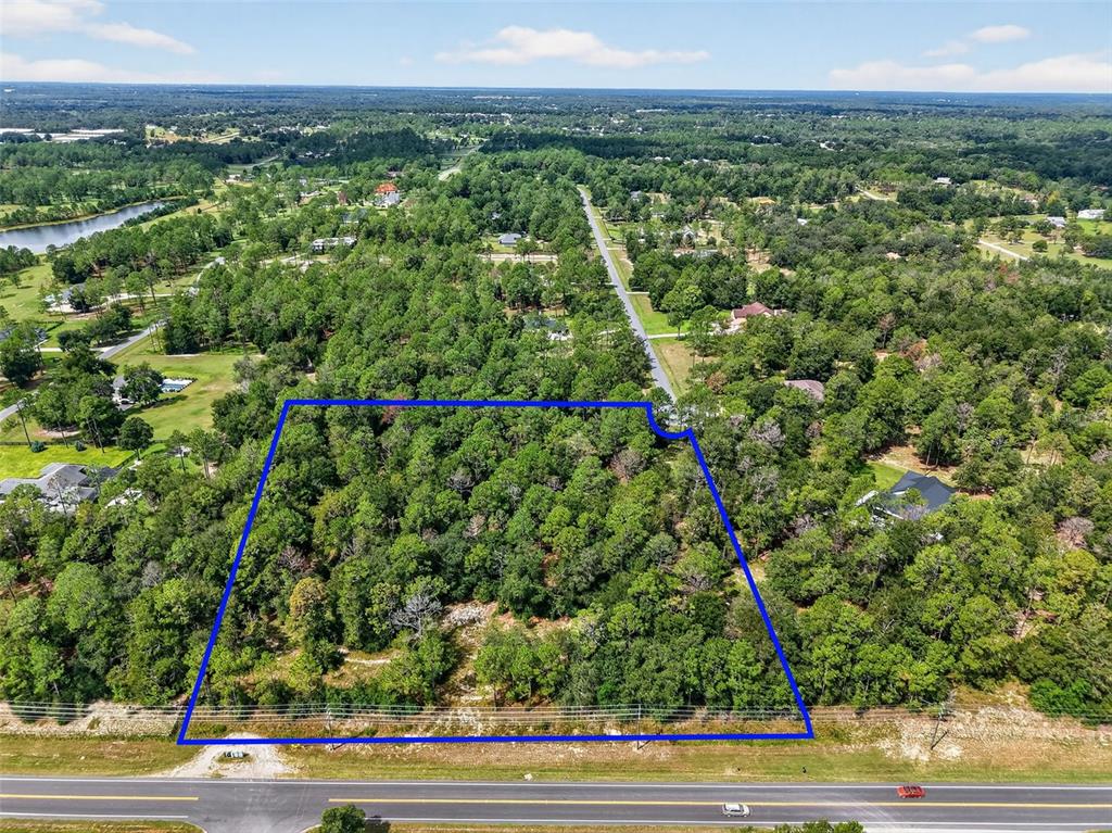 An aerial view shows a rectangular, wooded lot outlined in blue bordering a paved road — 35734 HIGH PINES DRIVE, EUSTIS, FL
