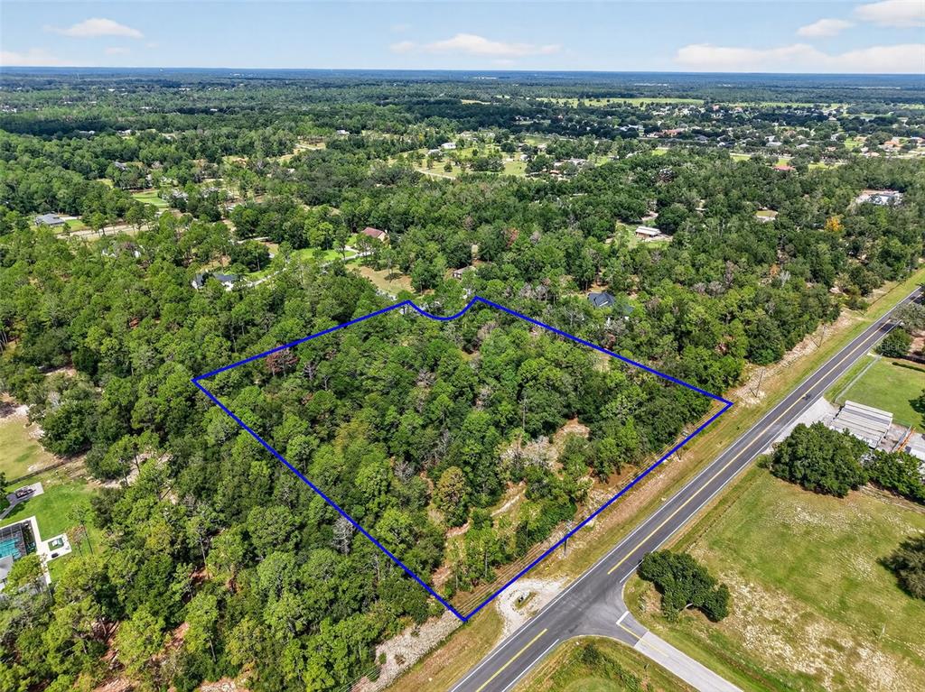 An aerial view shows a wooded, rectangular plot of land outlined in blue beside a road — 35734 HIGH PINES DRIVE, EUSTIS, FL