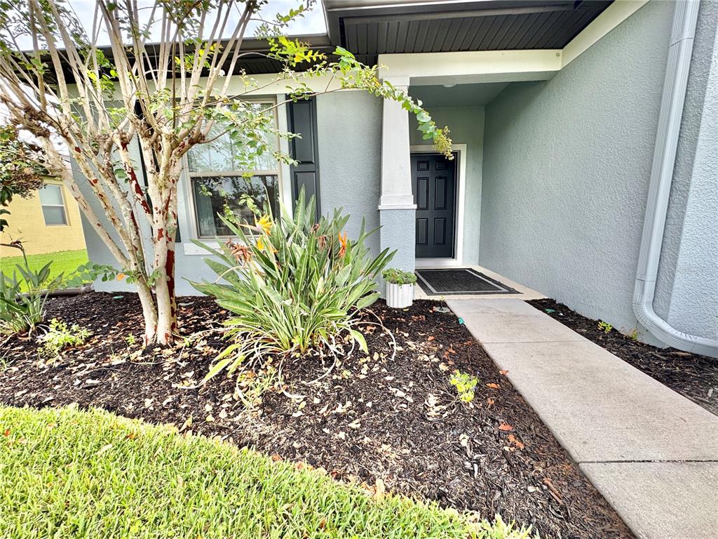 A concrete walkway leads to the front entrance of a house with a gray exterior — 9720 58TH STREET E, PARRISH, FL